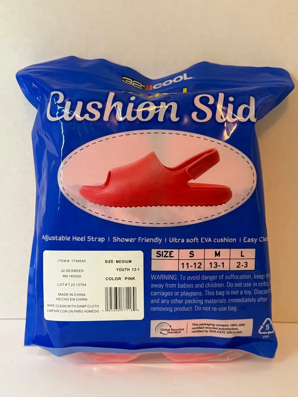 32 Degrees Cool Youth Pink Cushion Slides M 13-1 NIB Adjustable Strap